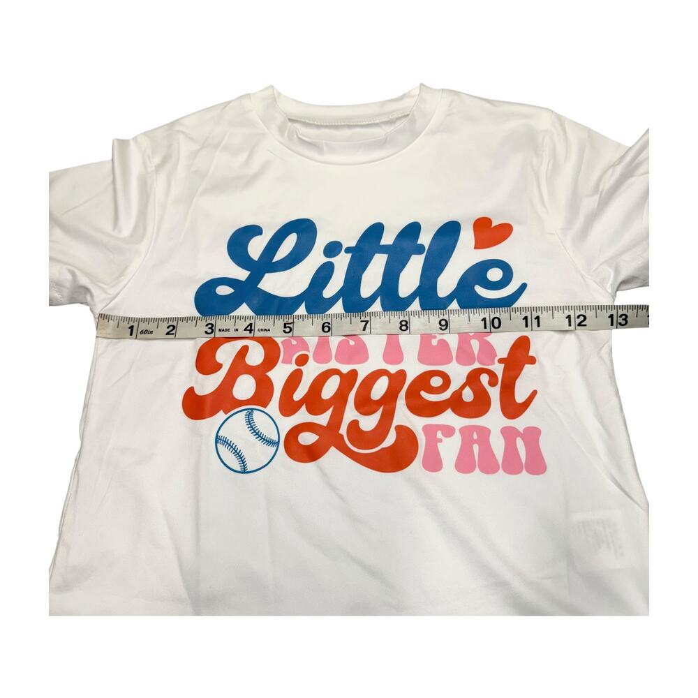 Little Sister Biggest Fan Shirt Kids Size 3-4Y White Baseball Theme - Picture 2 of 7